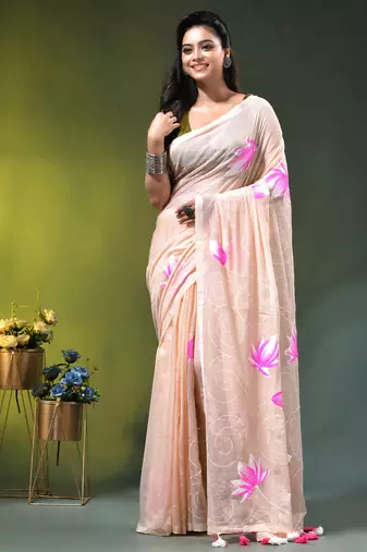 beige mulmul cotton blend saree with lotus bloom print