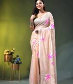 beige mulmul cotton blend saree with lotus bloom print