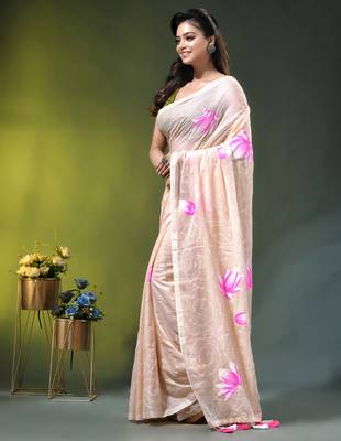 beige mulmul cotton blend saree with lotus bloom print 3