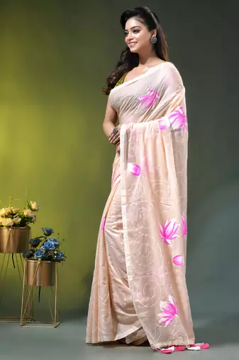 beige mulmul cotton blend saree with lotus bloom print