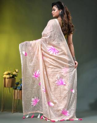 beige mulmul cotton blend saree with lotus bloom print 4
