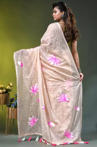 beige mulmul cotton blend saree with lotus bloom print