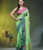 lime green mulmul cotton blend saree with ganga jamuna zari border