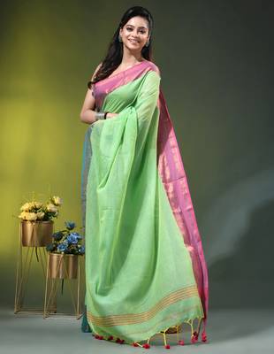 lime green mulmul cotton blend saree with ganga jamuna zari border 3