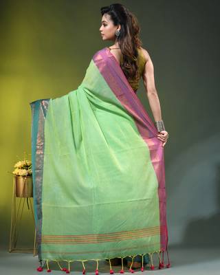 lime green mulmul cotton blend saree with ganga jamuna zari border 4