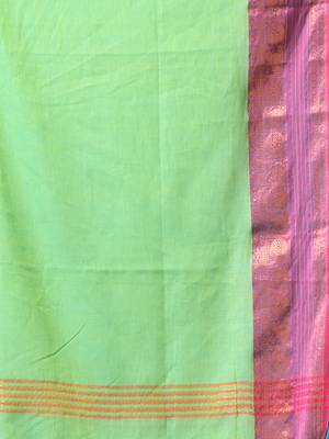 lime green mulmul cotton blend saree with ganga jamuna zari border 5