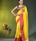 yellow mulmul cotton blend saree with ganga jamuna zari border