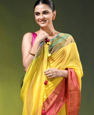 yellow mulmul cotton blend saree with ganga jamuna zari border 2
