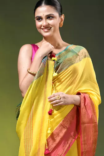 yellow mulmul cotton blend saree with ganga jamuna zari border