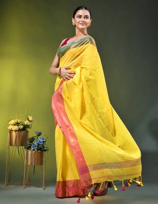 yellow mulmul cotton blend saree with ganga jamuna zari border 3