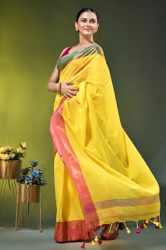 yellow mulmul cotton blend saree with ganga jamuna zari border