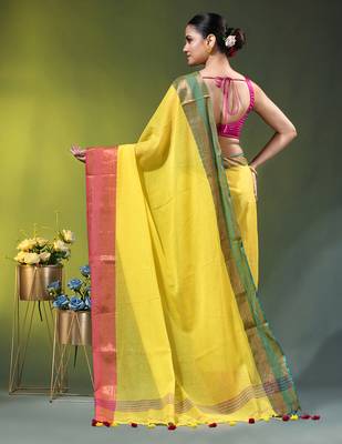 yellow mulmul cotton blend saree with ganga jamuna zari border 4