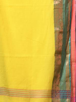 yellow mulmul cotton blend saree with ganga jamuna zari border 5