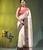 off-white mulmul cotton blend saree with ganga jamuna zari border