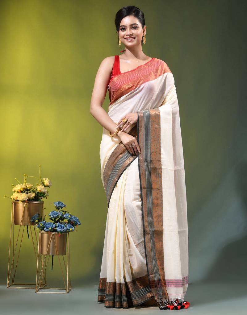 off-white mulmul cotton blend saree with ganga jamuna zari border