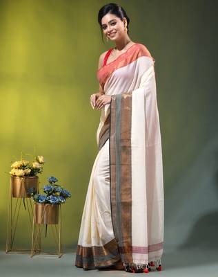 off-white mulmul cotton blend saree with ganga jamuna zari border 3