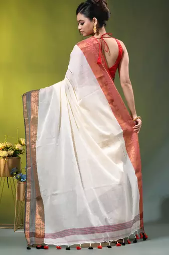 off-white mulmul cotton blend saree with ganga jamuna zari border