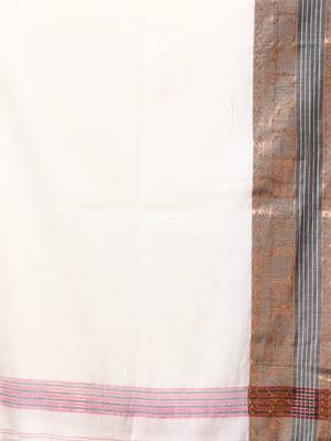off-white mulmul cotton blend saree with ganga jamuna zari border 5