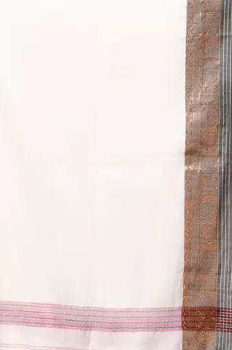 off-white mulmul cotton blend saree with ganga jamuna zari border