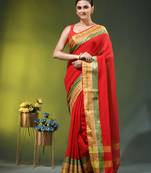 red mulmul cotton blend saree with zari work