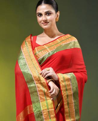 red mulmul cotton blend saree with zari work 2