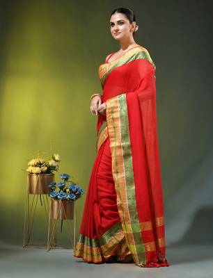 red mulmul cotton blend saree with zari work 3