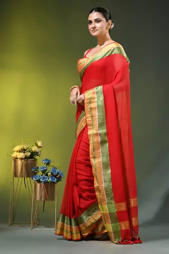 red mulmul cotton blend saree with zari work