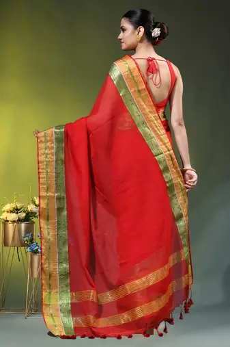 red mulmul cotton blend saree with zari work