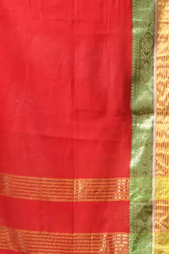 red mulmul cotton blend saree with zari work