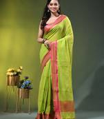 green mulmul cotton blend saree with zari work