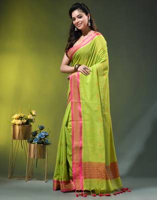 green mulmul cotton blend saree with zari work 3