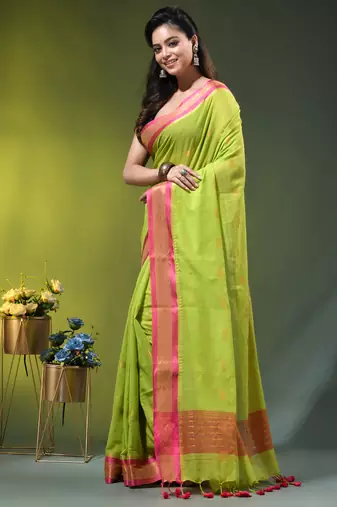 green mulmul cotton blend saree with zari work