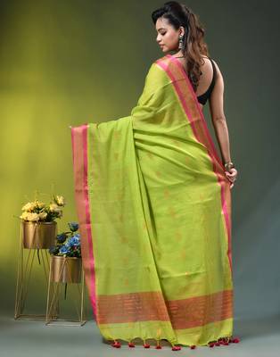 green mulmul cotton blend saree with zari work 4