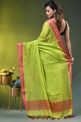 green mulmul cotton blend saree with zari work