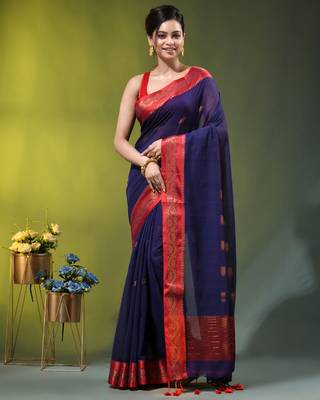navy blue mulmul cotton blend saree with zari work 1