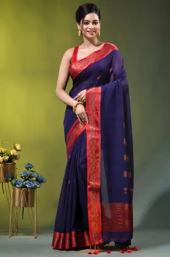navy blue mulmul cotton blend saree with zari work