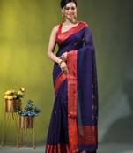 navy blue mulmul cotton blend saree with zari work