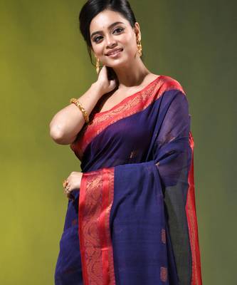 navy blue mulmul cotton blend saree with zari work 2