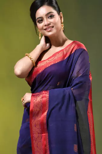 navy blue mulmul cotton blend saree with zari work