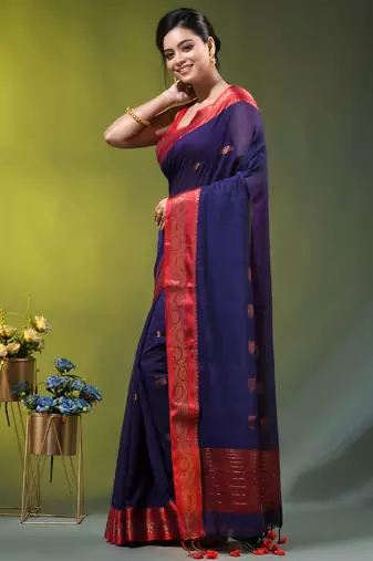 navy blue mulmul cotton blend saree with zari work