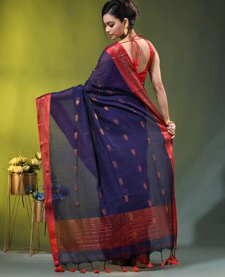 navy blue mulmul cotton blend saree with zari work 4