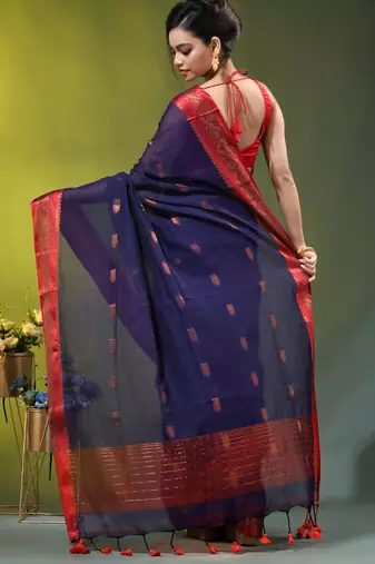 navy blue mulmul cotton blend saree with zari work