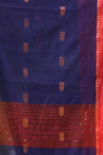navy blue mulmul cotton blend saree with zari work