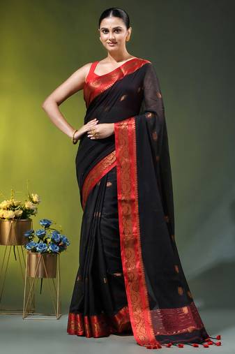 black mulmul cotton blend saree with zari work
