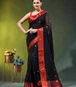 black mulmul cotton blend saree with zari work