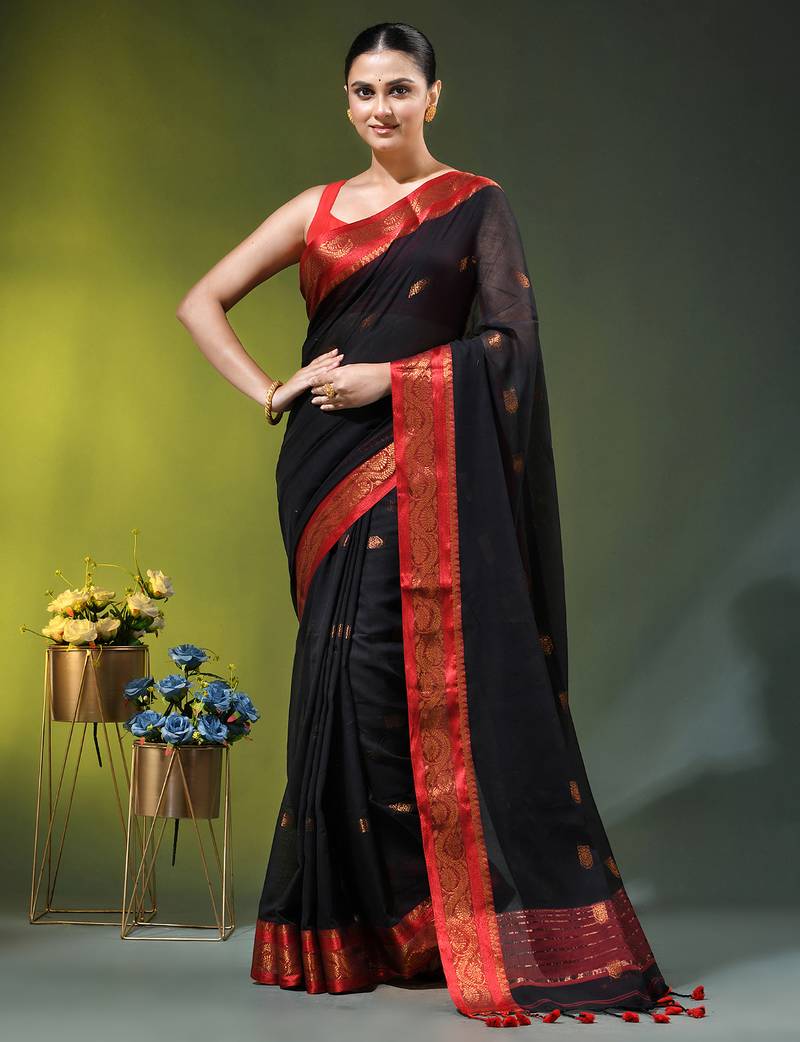 black mulmul cotton blend saree with zari work