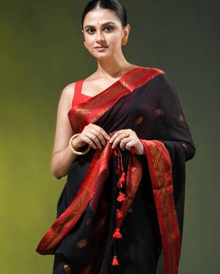black mulmul cotton blend saree with zari work 2