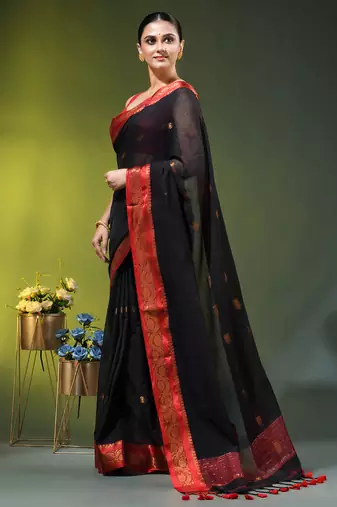 black mulmul cotton blend saree with zari work