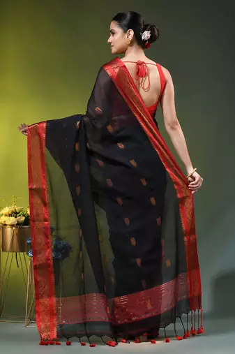 black mulmul cotton blend saree with zari work