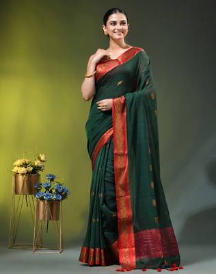 dark green mulmul cotton blend saree with zari work 1